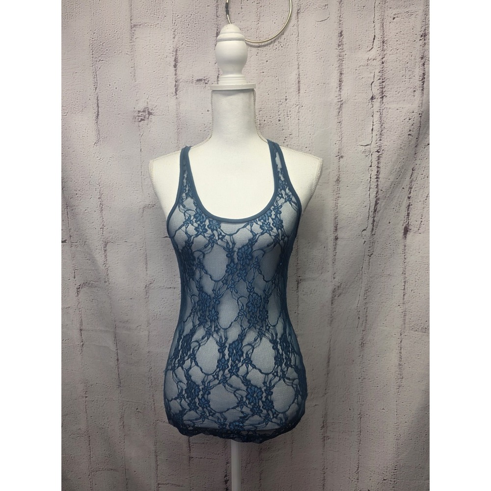 Vintage Y2K Teal Sheer Mesh Lace Tank‎ Top S Charlotte Russe Whimsygoth